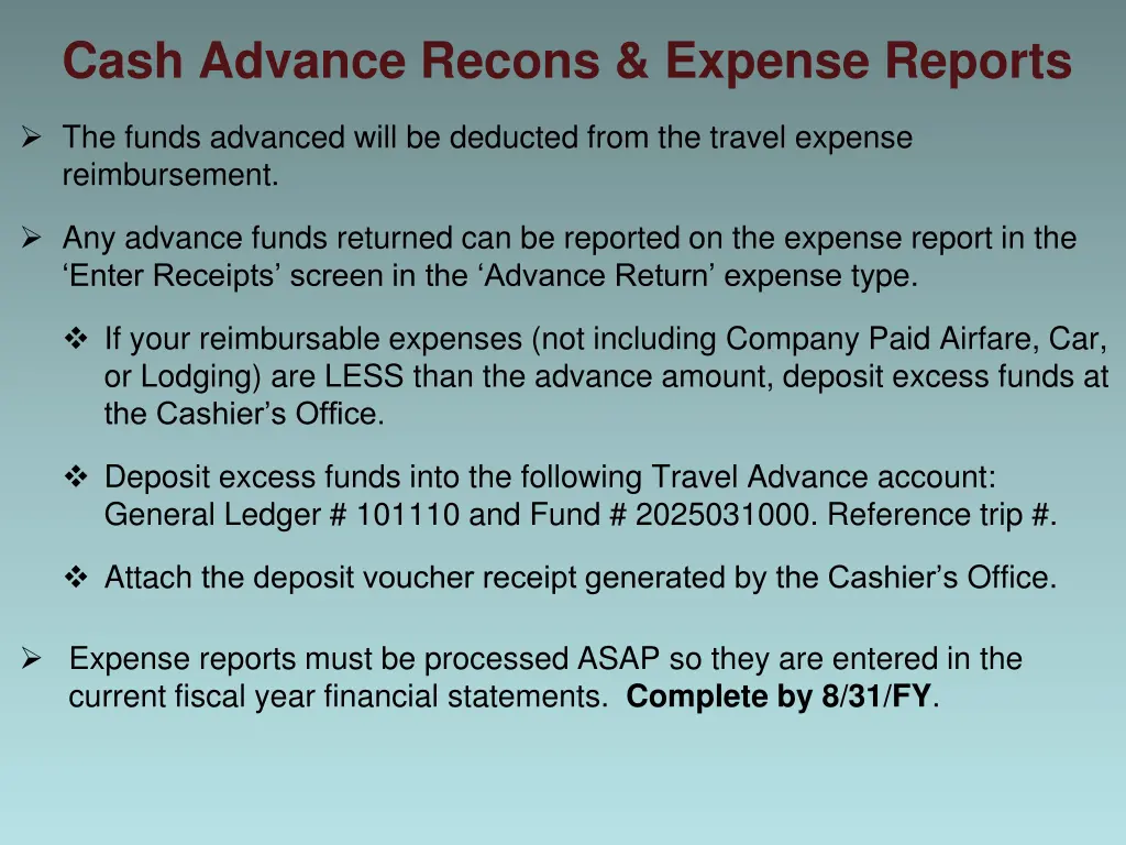 cash advance recons expense reports 1