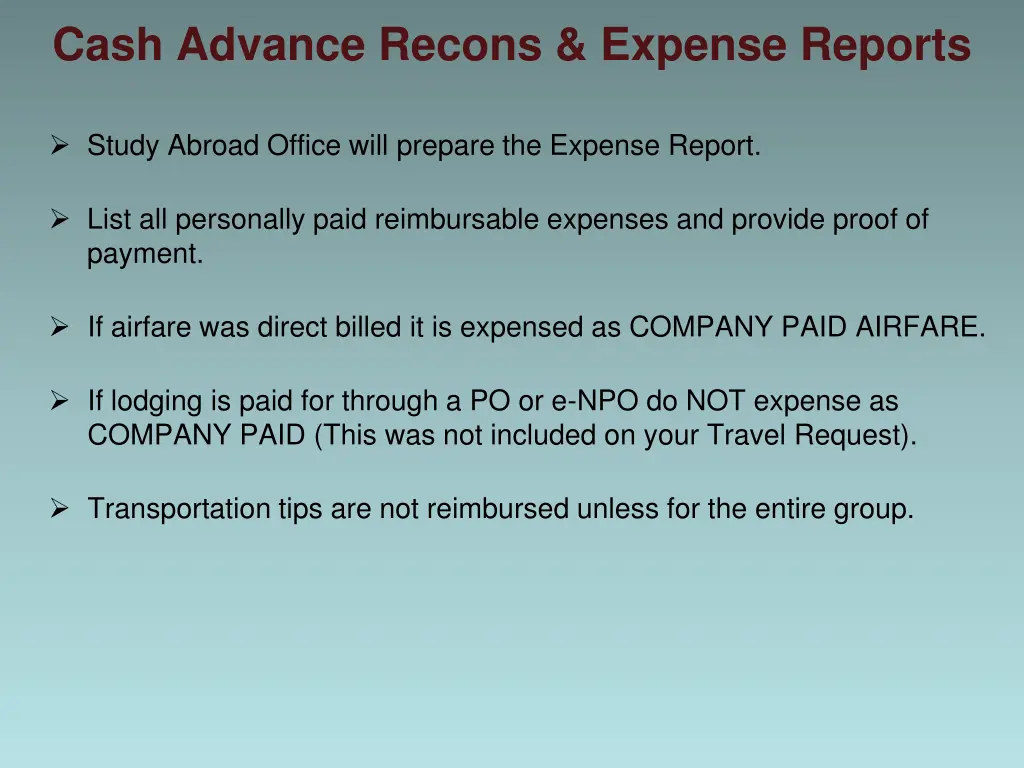 cash advance recons expense reports