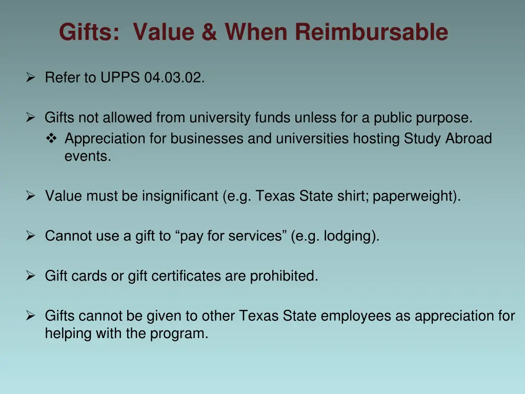 gifts value when reimbursable