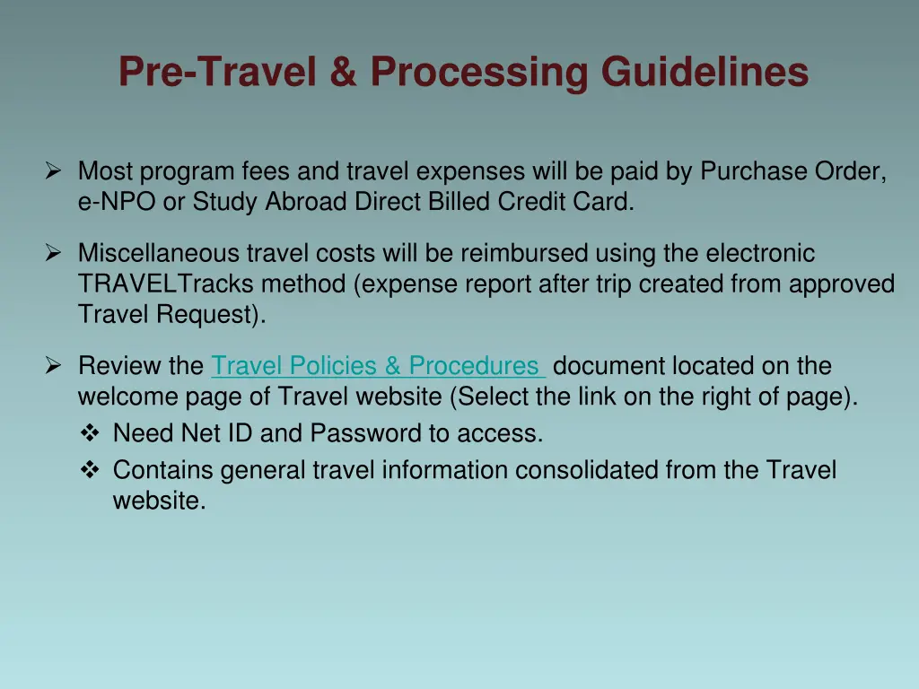 pre travel processing guidelines