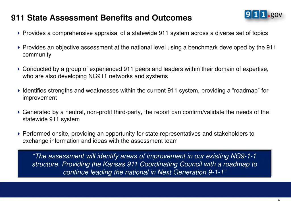 911 state assessment benefits and outcomes