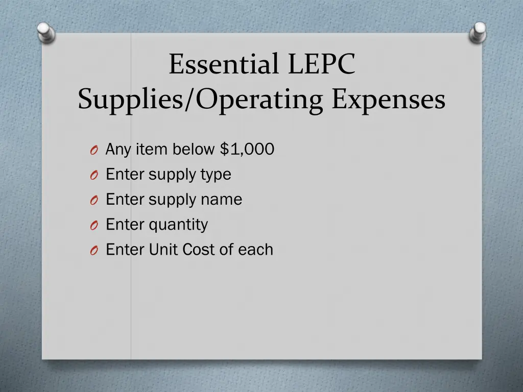 essential lepc supplies operating expenses