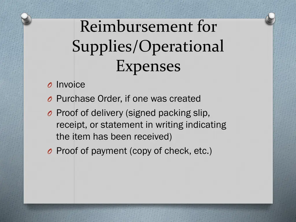 reimbursement for supplies operational expenses