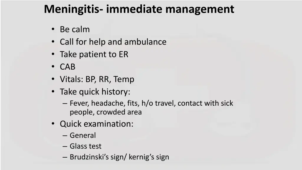 meningitis immediate management