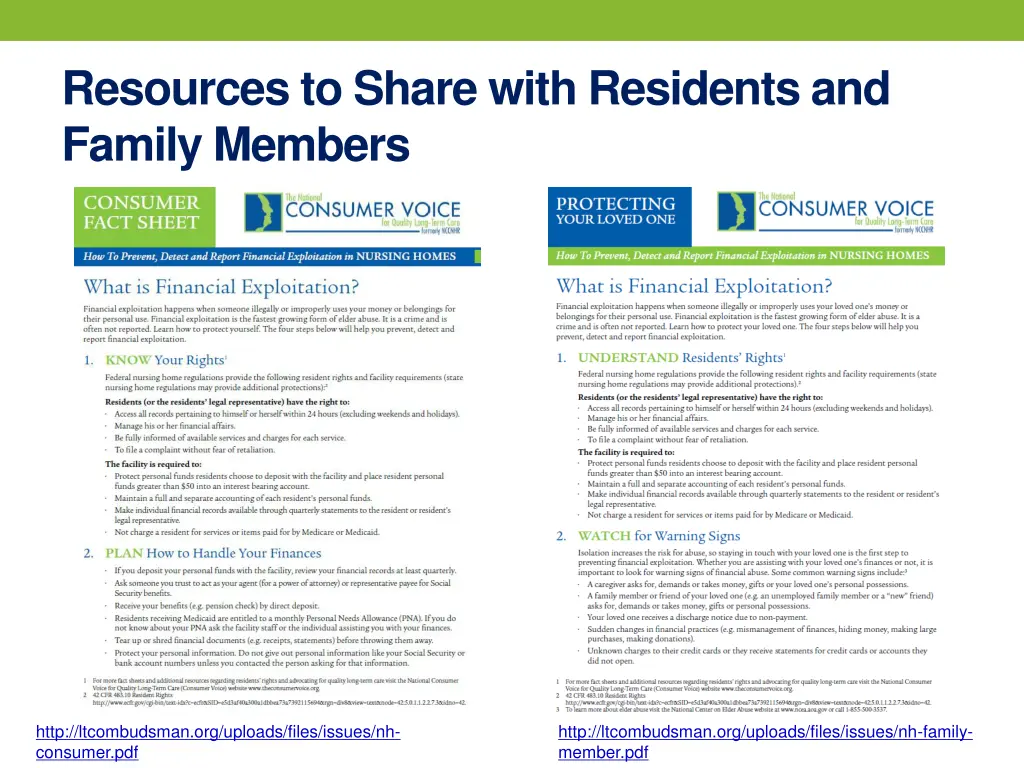 resources to share with residents and family 1