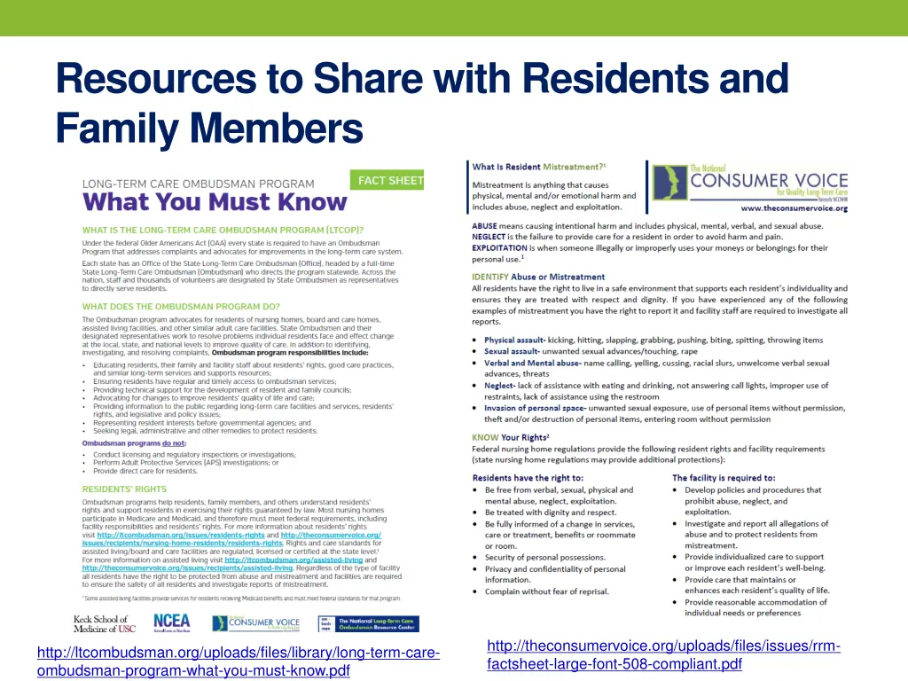 resources to share with residents and family