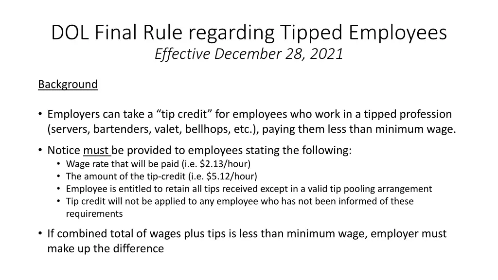 dol final rule regarding tipped employees