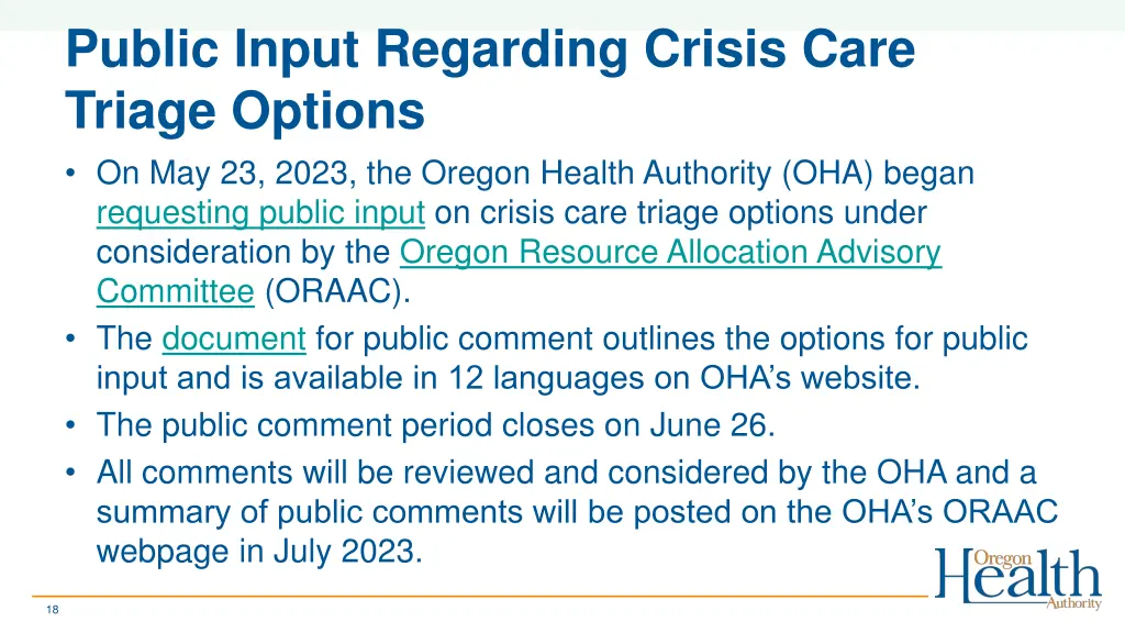 public input regarding crisis care triage options