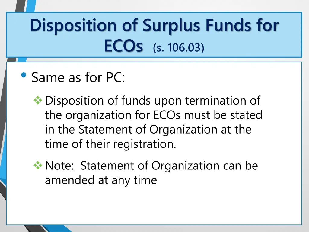 disposition of surplus funds for ecos