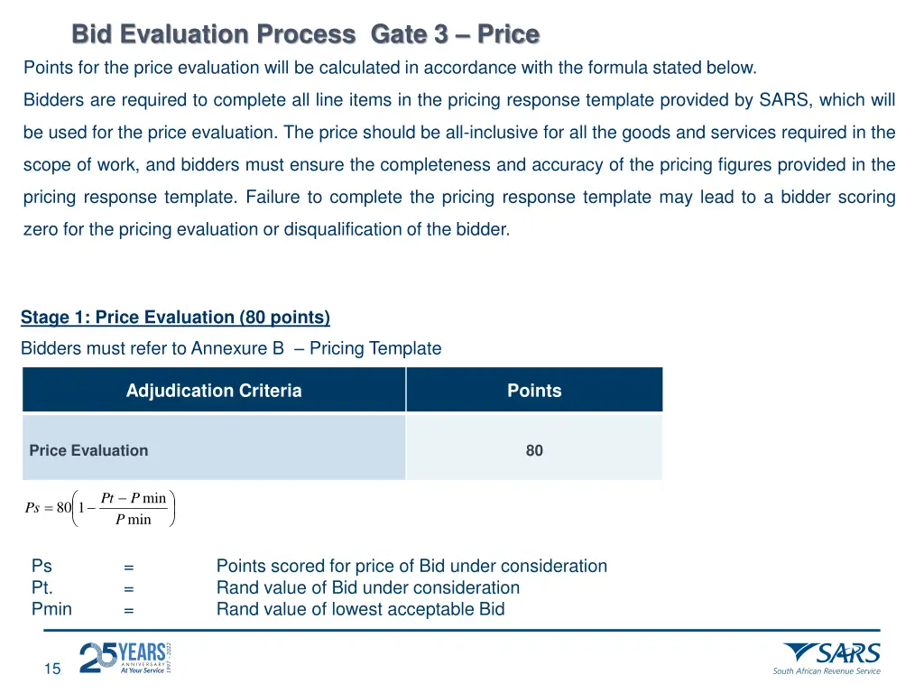 bid evaluation process gate 3 price points