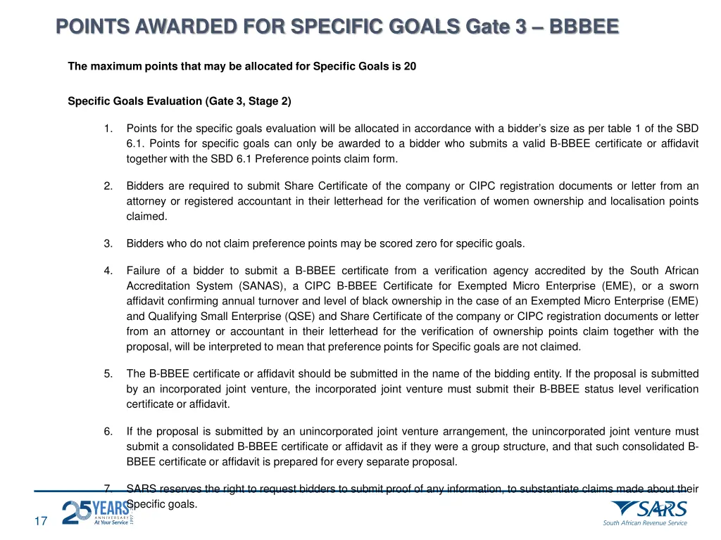 points awarded for specific goals gate 3 bbbee 1