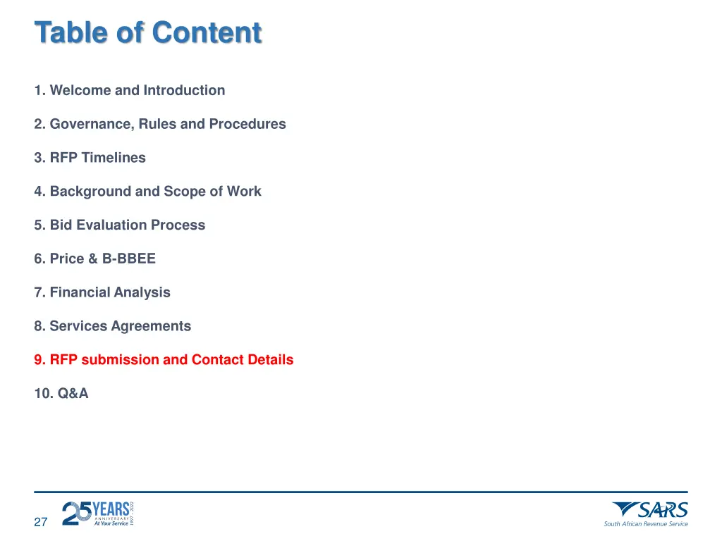 table of content 8