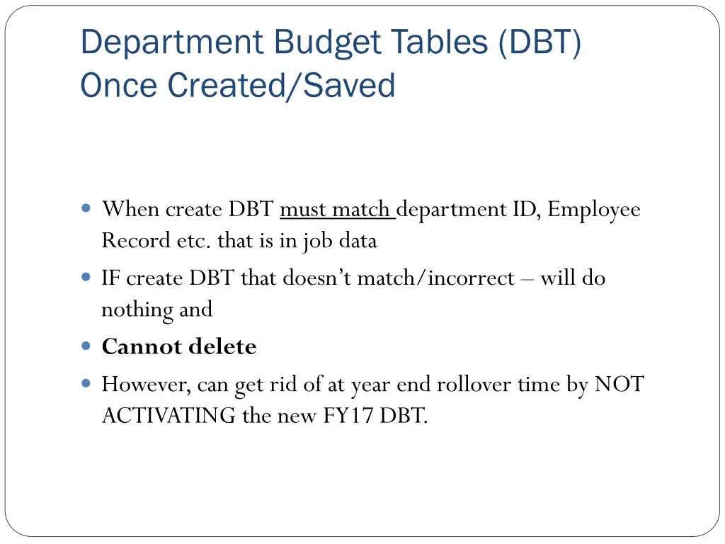 department budget tables dbt once created saved