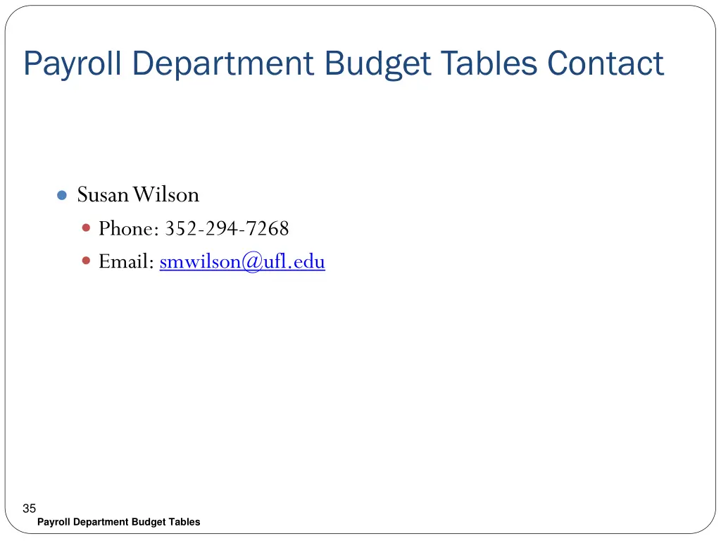 payroll department budget tables contact