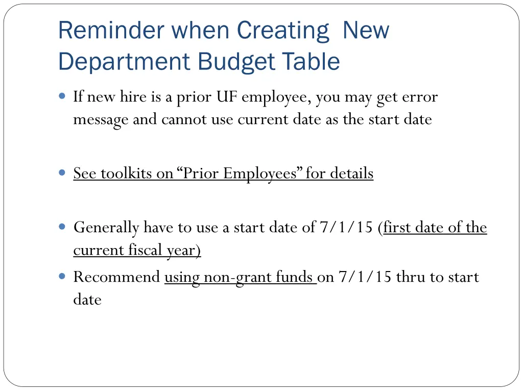 reminder when creating new department budget table