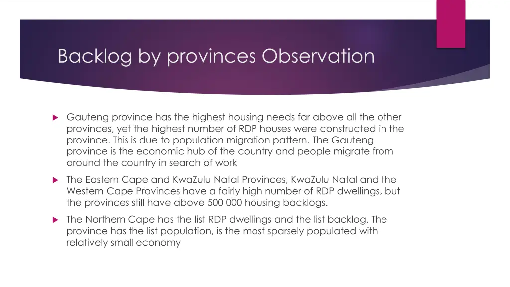 backlog by provinces observation