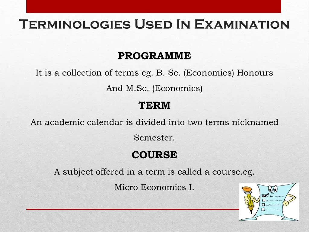 terminologies used in examination