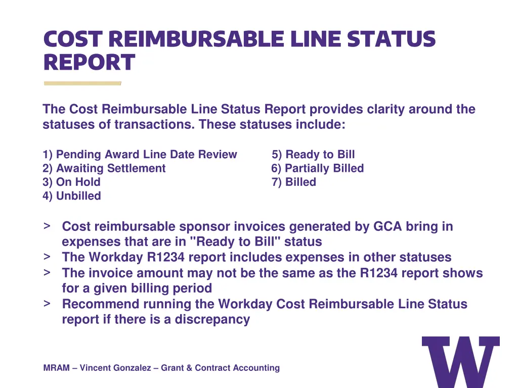 cost reimbursable line status report