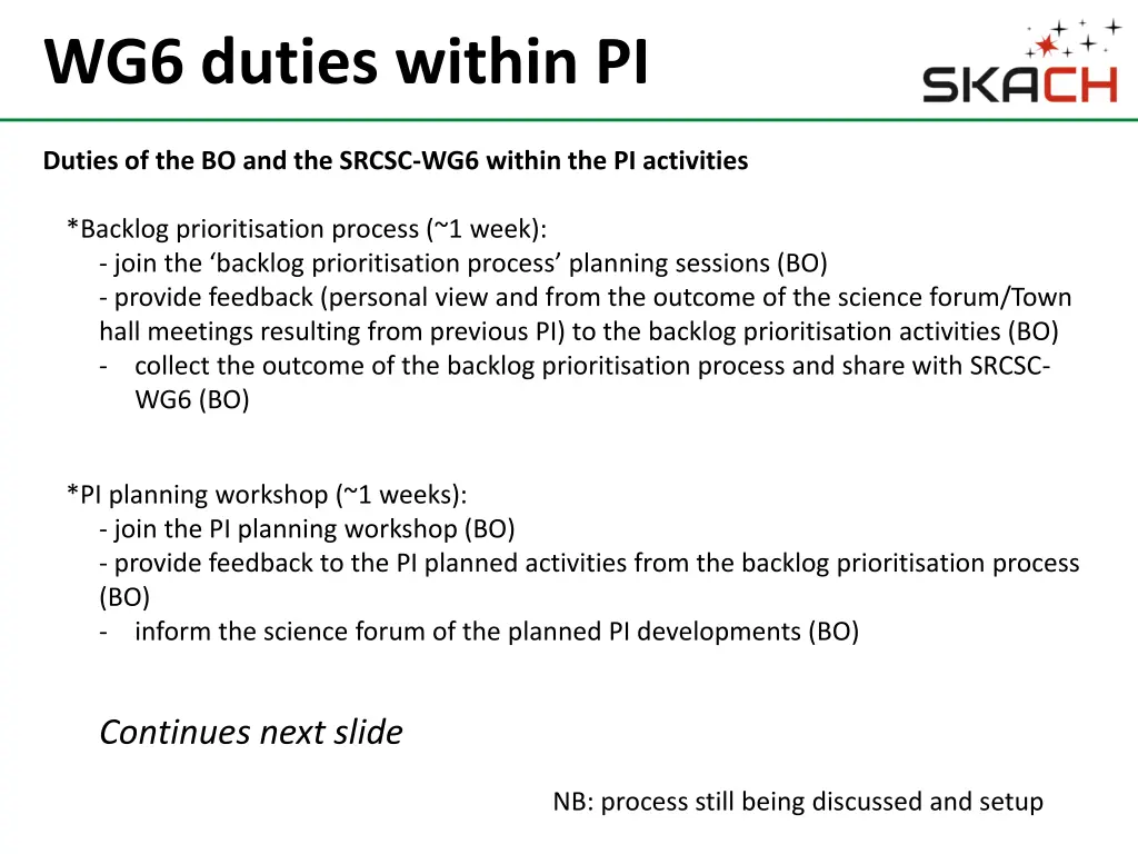 wg6 duties within pi