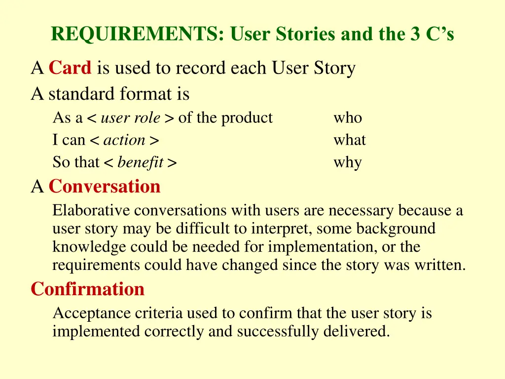 requirements user stories and the 3 c s