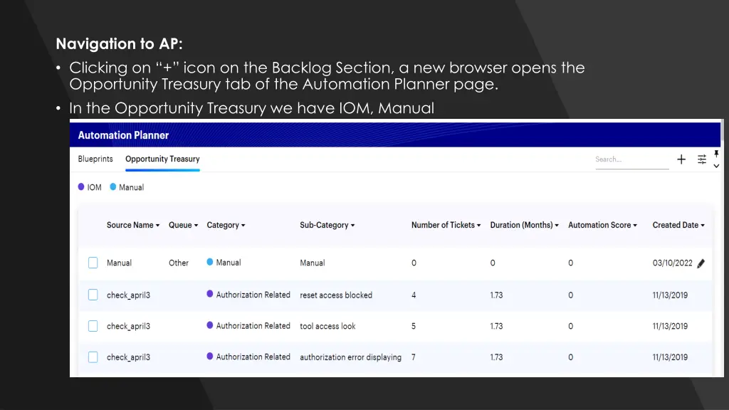 navigation to ap clicking on icon on the backlog