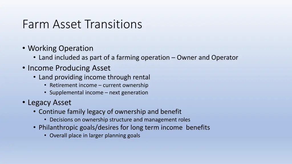 farm asset transitions