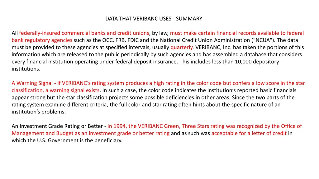 data that veribanc uses summary