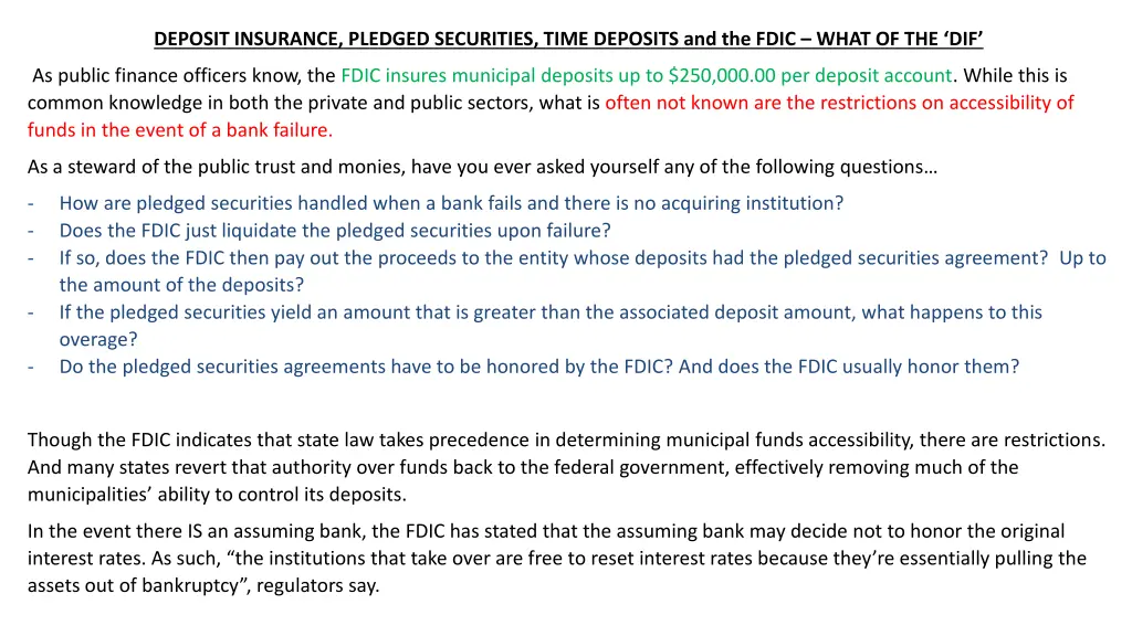 deposit insurance pledged securities time