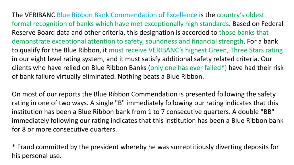 the veribanc blue ribbon bank commendation