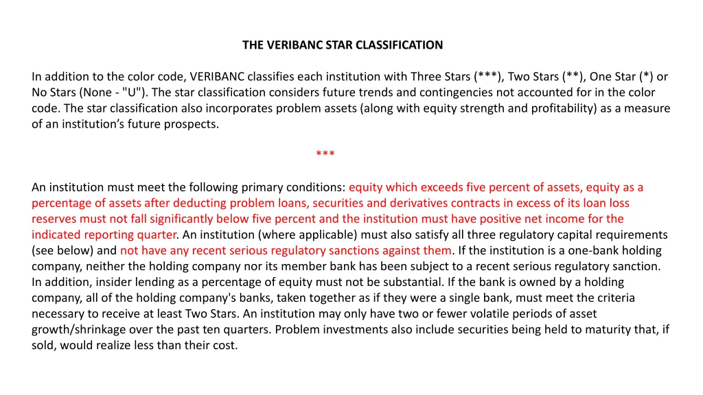 the veribanc star classification