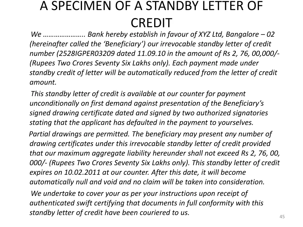 a specimen of a standby letter of credit we bank