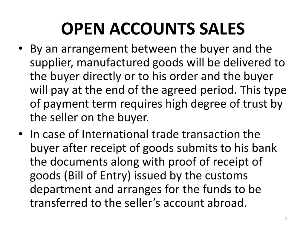 open accounts sales by an arrangement between