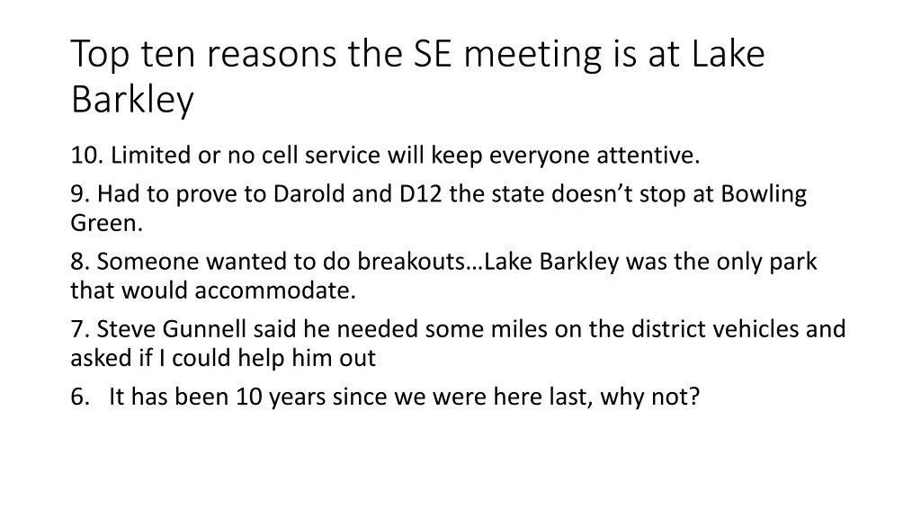 top ten reasons the se meeting is at lake barkley