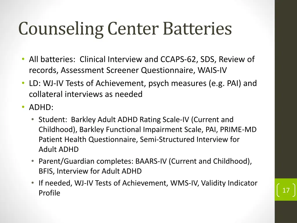 counseling center batteries