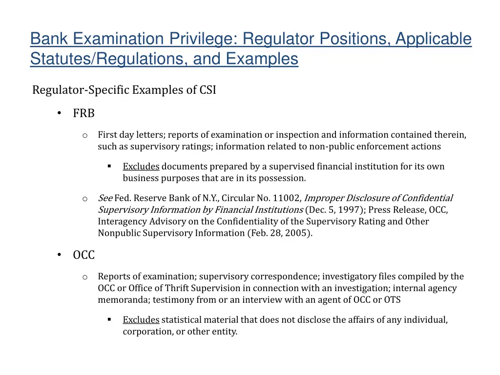 bank examination privilege regulator positions 2