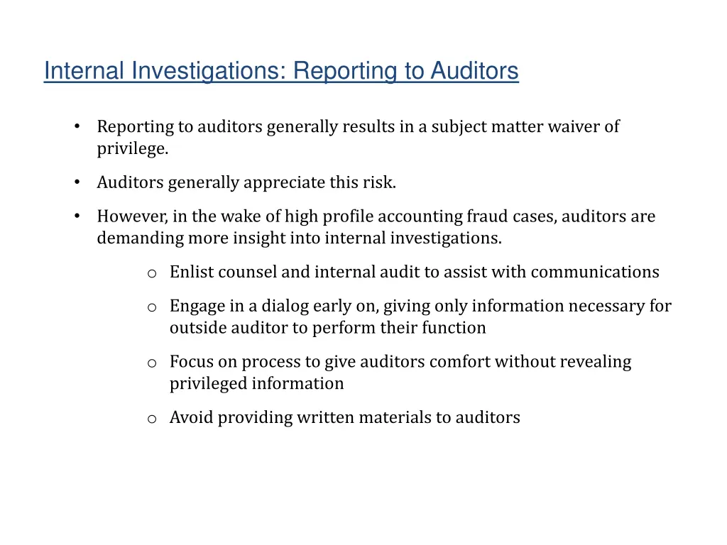 internal investigations reporting to auditors