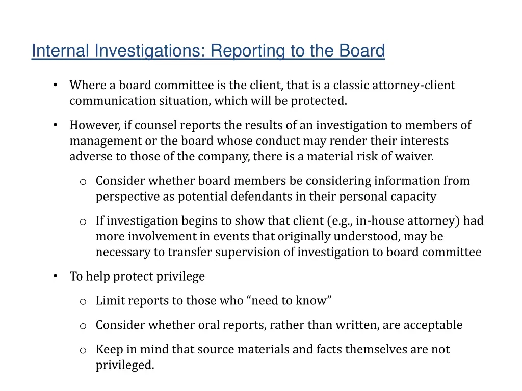 internal investigations reporting to the board