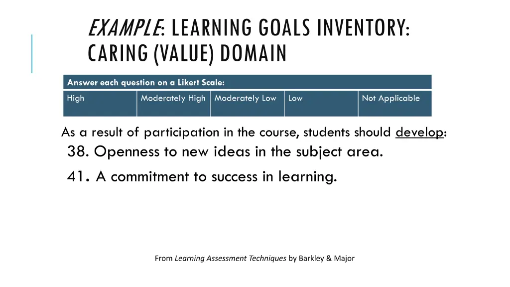 example learning goals inventory caring value