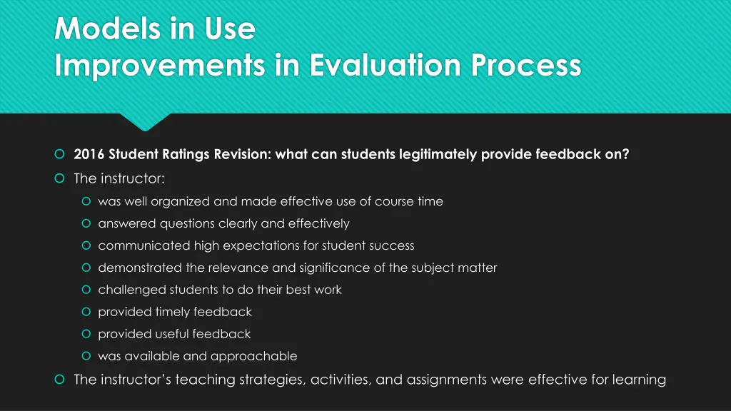 models in use improvements in evaluation process