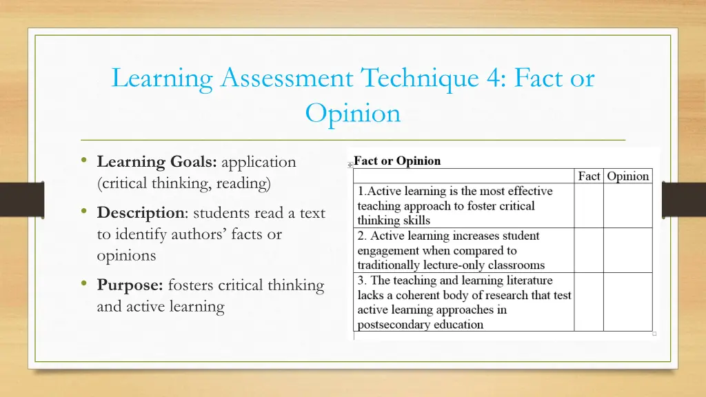 learning assessment technique 4 fact or opinion