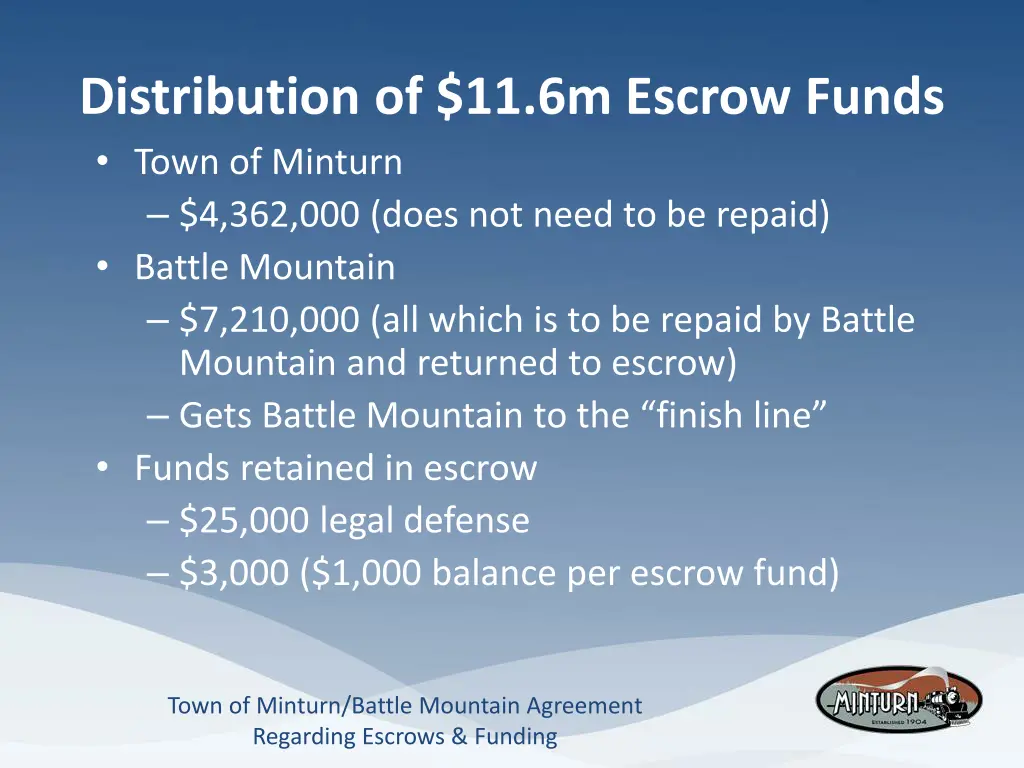 distribution of 11 6m escrow funds town