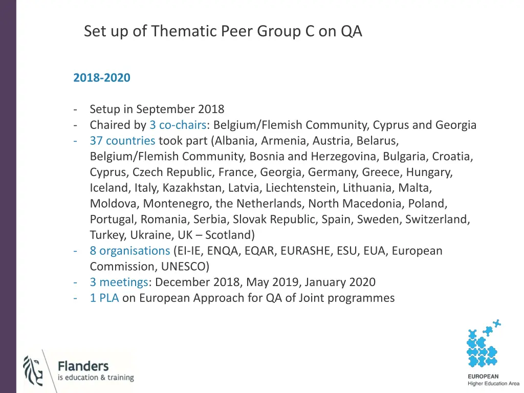 set up of thematic peer group c on qa