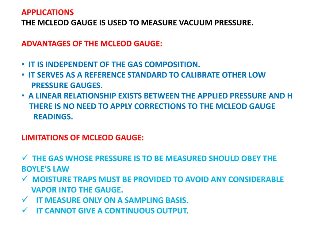 applications the mcleod gauge is used to measure