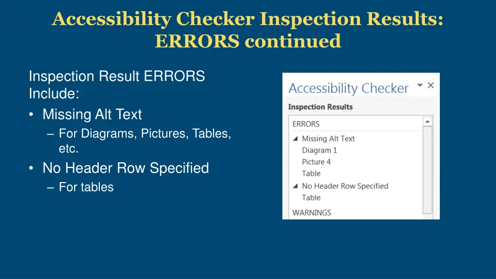 accessibility checker inspection results errors 1