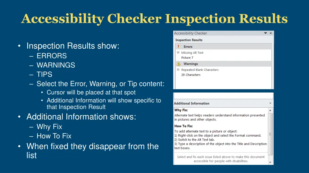 accessibility checker inspection results