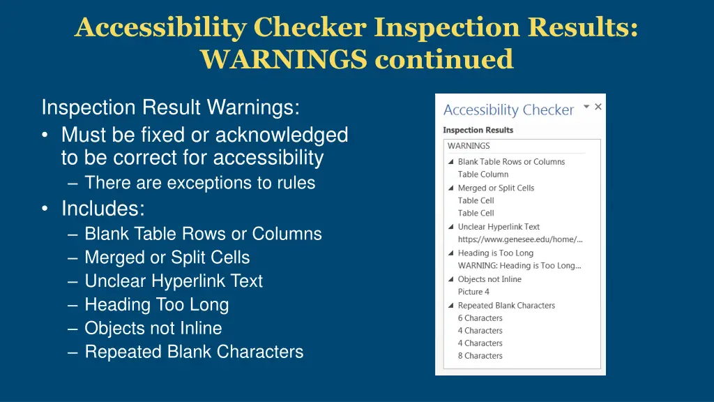 accessibility checker inspection results warnings 1