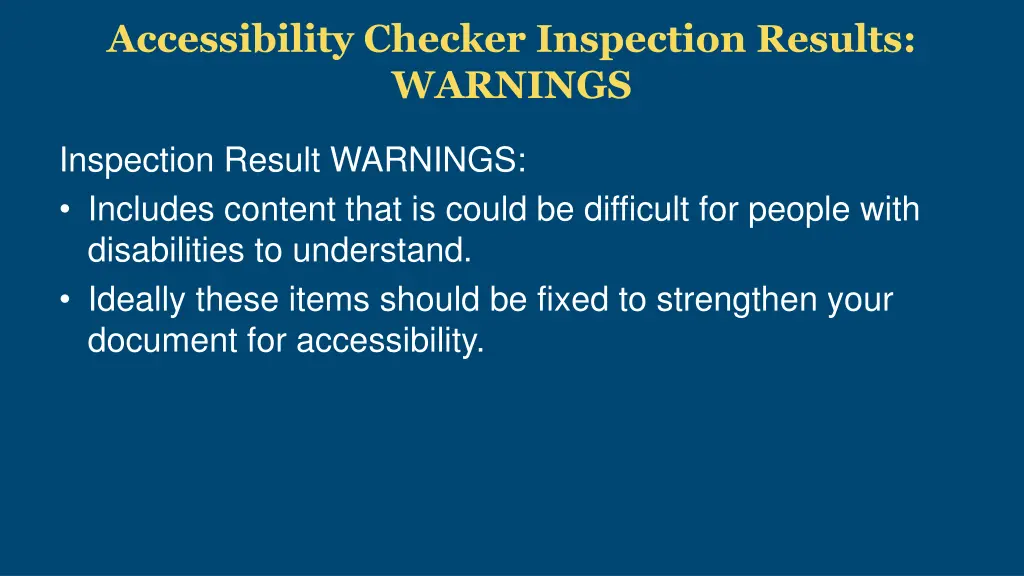 accessibility checker inspection results warnings