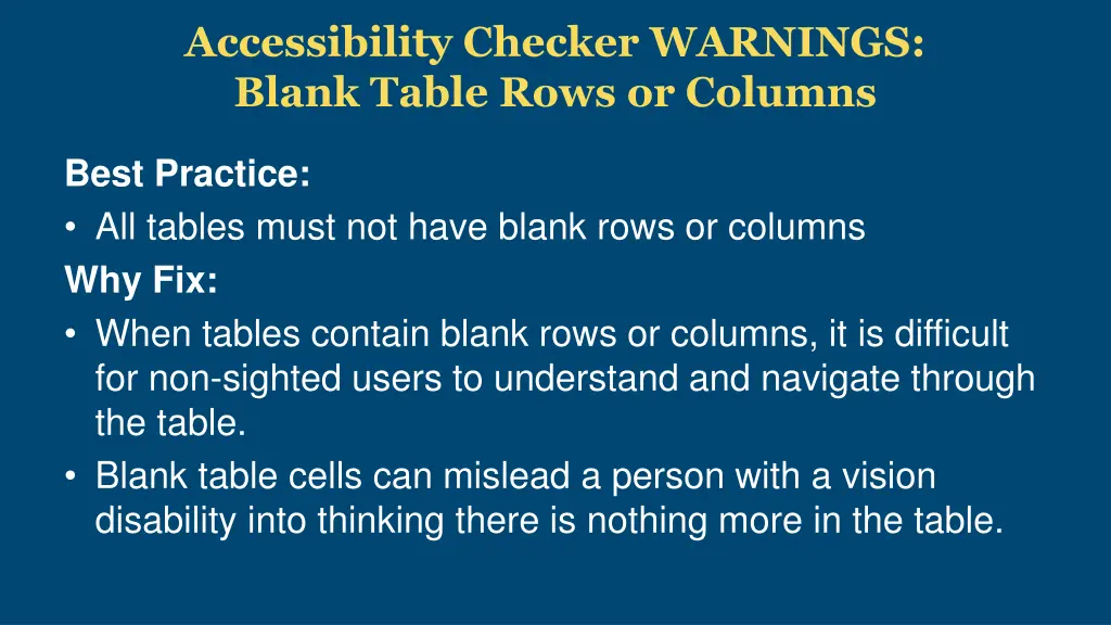 accessibility checker warnings blank table rows