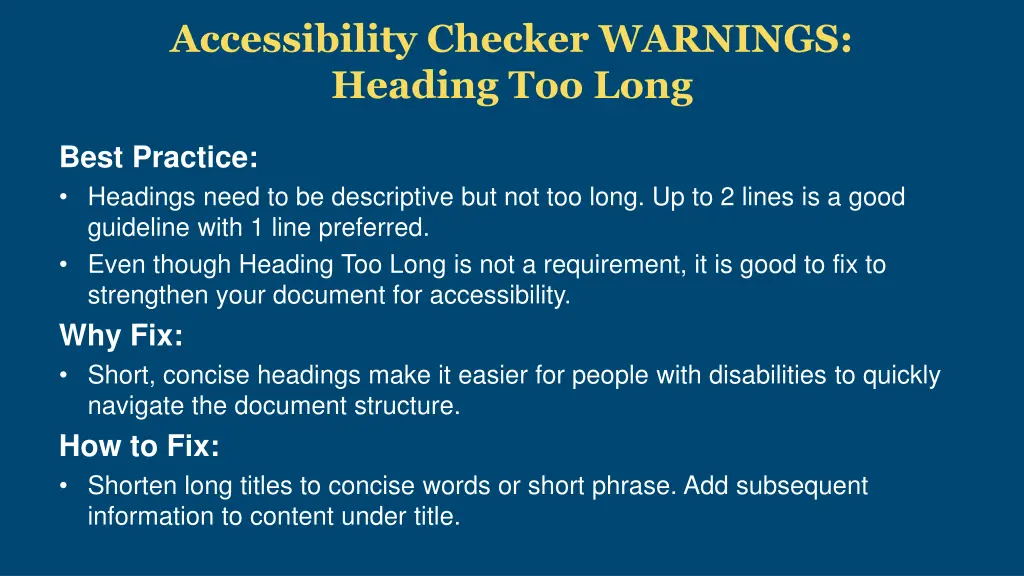 accessibility checker warnings heading too long