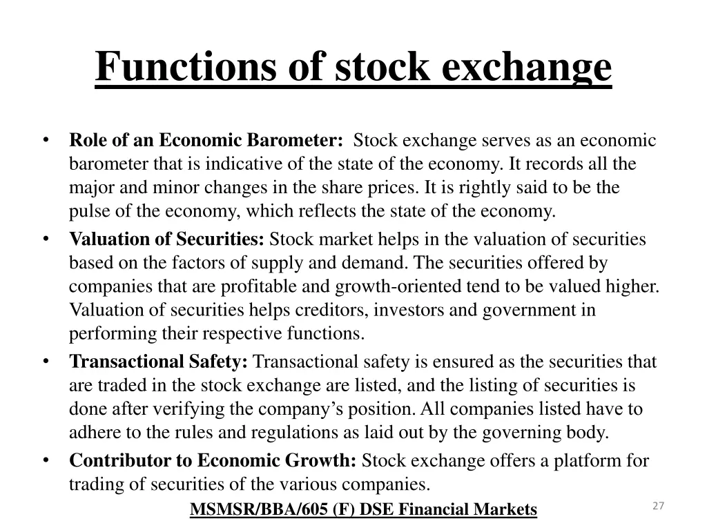 functions of stock exchange